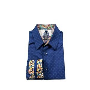 Robert Graham Blue Geometric Cotton Orange Flip Cuff Button Front Size Medium